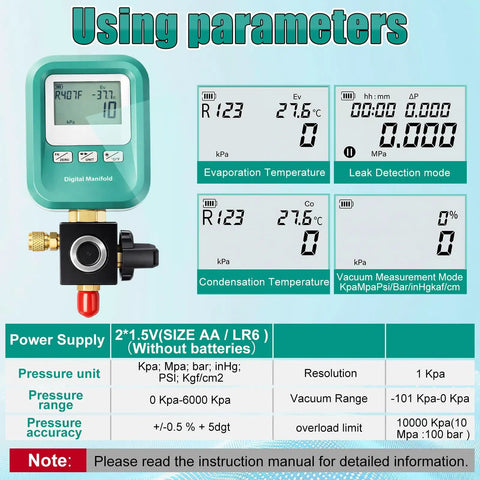 Digital Manifold HVAC Gauge Kit With Four Piece Pro Grade For Quick Pressure Readouts And Refrigerant Charging Vacuum Test Micrometer Accuracy Quarter Inch To Five Sixteenth Inch Port Accessories Valve Core Remover And Installer SAE And T Connector display