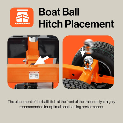 SuperHandy Electric Trailer Dolly With 7500 Lb Capacity For Rv Boat Movers And Utility Trailers showing boat ball hitch placement details.