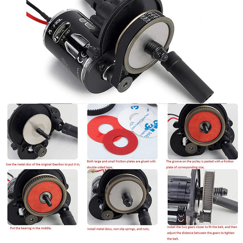Que-T RC belt-drive transmission gears system for 1:10 Axial SCX10; motor, pulley, red friction discs, hardware.