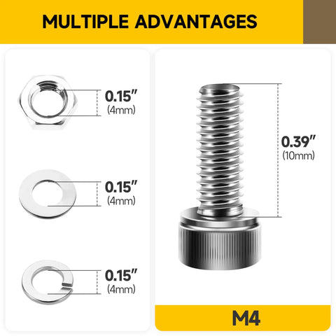 Top Shelf 304 Stainless Steel M4 Socket Head Cap Screws Heavy Duty 10mm Hex Drive Bolts with nuts and washers shown.