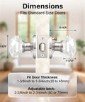 Privacy Glass Door Knob For Bedroom And Bathroom With Lock In Dope Satin Nickel Finish, Diamond Clear Crystal Knob On Victorian Plate Rosette, Vintage Interior Door Hardware To Elevate Any Door, showing dimensions and fit.