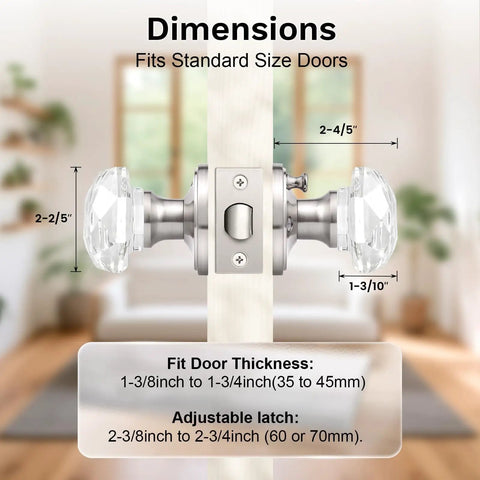 Privacy Glass Door Knob For Bedroom And Bathroom With Lock In Dope Satin Nickel Finish, Diamond Clear Crystal Knob On Victorian Plate Rosette, Vintage Interior Door Hardware To Elevate Any Door, showing dimensions and fit.
