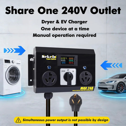 No Sweat Manual EV Charging Switch, Rugged Aluminum NEMA 10-30 Housing, Legit 24 Amp Electric Vehicle Safety Toggle on display with appliances.