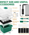 Diagram showing Self Watering Seed Starter Tray Kit with dimensions, grow light, humidity dome, water tank, and accessories.