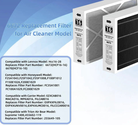 MERV 16 Furnace Filter 16x25x5 Replacement For X6672 Lennox Compatible HVAC System Part HCF16 shown with compatibility details