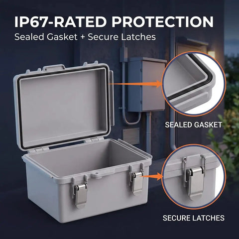 Rugged IP67 Outdoor Electrical Junction Box ABS Weatherproof Enclosure with sealed gasket and secure latches for outdoor use.