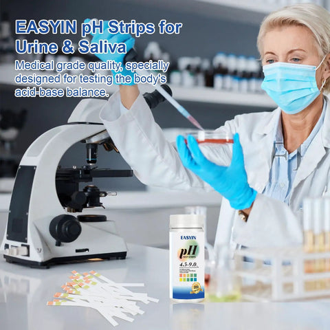 Lab technician using Must Have At Home pH Test Strips 4.5 To 9.0, 200 Count Litmus Paper for urine and saliva monitoring