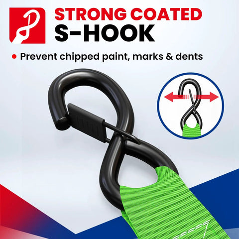 Heavy Duty Ratchet Tie Down Straps 4 Pack 1.6 Inch Wide By 8 Feet Long showing strong coated S-hook for secure fastening.
