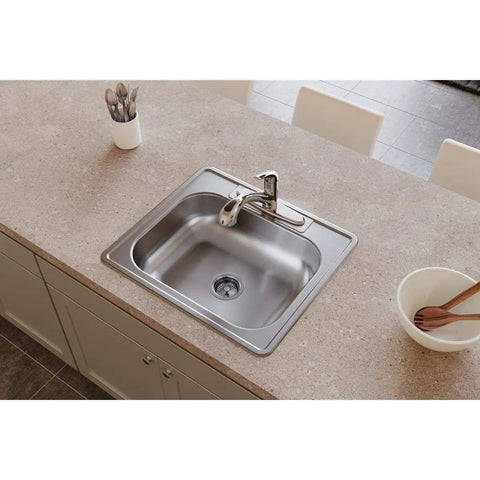 Single Bowl Drop-In Stainless Steel Kitchen Sink 25 By 22 By 6.56 Inches installed on a countertop, top view