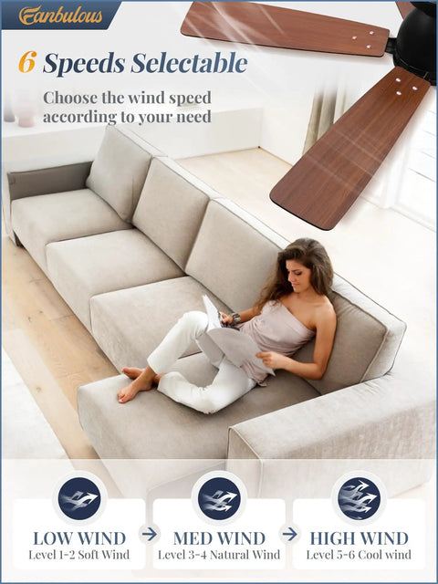 Smart Flush Mount 52 Inch Ceiling Fan With Lights Remote App Wall Switch Control shown above a woman on a sofa