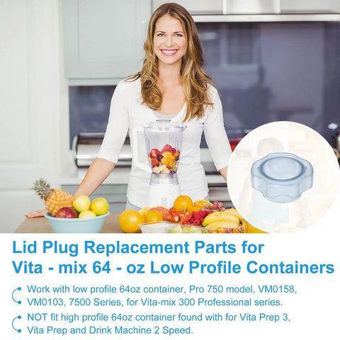 Woman holding 64 oz blender with Lid Plug Replacement For Low Profile 64 Oz Blender Container Fits Pro750 Pro300 Drink Machine And 7500 Series Easy Remove Clear Plug Lets You Add Ingredients Mid Blend Durable Fit And Quick Clean.