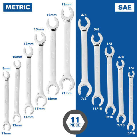 11 Piece Flare Nut Wrench Set Pro Grade Heavy Duty SAE And Metric Fits Quarter To Seven Eighths Inch And 9 To 21 mm CRV Steel
