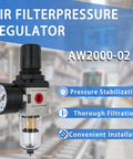 One Quarter Inch NPT Air Filter Regulator Combo Piggyback With 5 Micron Brass Element Poly Bowl Semi Auto Drain Metal Bracket