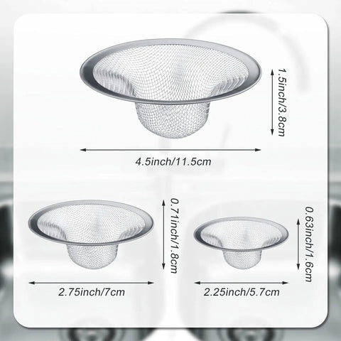 Stainless Steel Sink Strainer 12 Pack Heavy Duty Mesh Sieve Catches Food Gunk And Hair No Sweat Drain Catcher dimensions displayed.