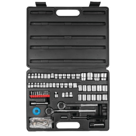 85 Piece SAE And Metric Socket Set With One Quarter Inch, Three Eighths Inch And One Half Inch Drives in black storage case open view