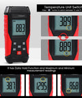 JuviPerpric K-type digital thermometer in red and black housing with LCD display.