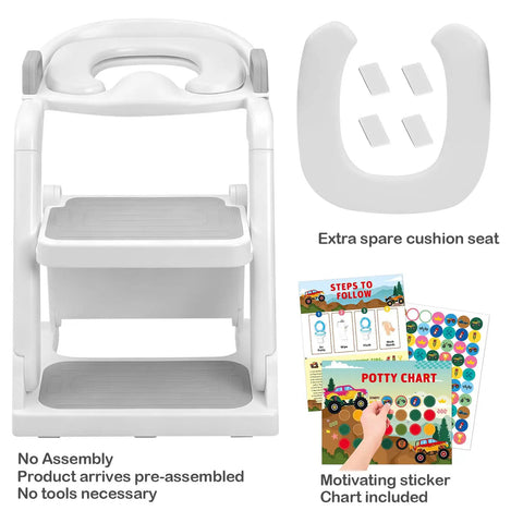Straight Outta Box Pre Assembled Toddler Potty Training Seat With Secure Ladder And Protective Splash Shield, Absolute Nuthin But Hassle Free 2 In 1 Foldable Step Stool For Big Kids, Smooth Bathroom Transition Essential, Slate Grey