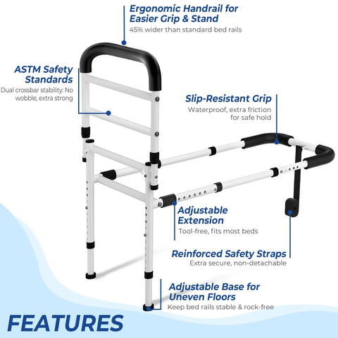 Senior Safe Bed Rails For Seniors With ASTM Approved, 400Lb AntiWobble Support, Adjustable Feet, No Tools Needed, Non Slip Handle, Storage Bag Included, 2026 Upgrade Bed Cane For Elderly Adults, Model GL04 with ergonomic handrail and slip-resistant grip.