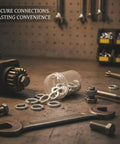 Galvanized Spring Lock Washers Kit M3 Through M30 High Carbon Steel Auto Repair Fasteners Set with wrenches and bolts on workbench.