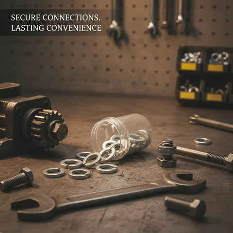 Galvanized Spring Lock Washers Kit M3 Through M30 High Carbon Steel Auto Repair Fasteners Set with wrenches and bolts on workbench.