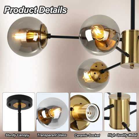 Modern 8 Light Glass Globe Sputnik Chandelier in Black and Gold featuring transparent glass with E26 base details