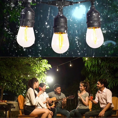 50 Foot Solar Outdoor String Lights With Remote feature shatterproof Edison LED bulbs in garden patio setting at night