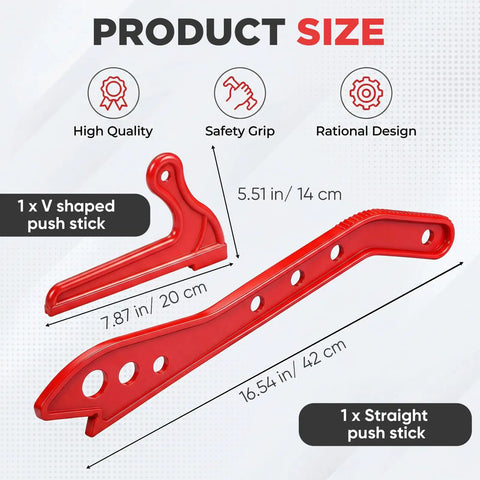 Diagram showing size of 2 Piece Table Saw Push Block And Push Stick Set for woodworking safety with ergonomic handles.