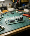 Hands On Soldering Practice Kit For DIY Electronics Learning Board on a workbench with tools, highlighting components.