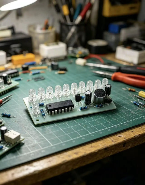 Hands On Soldering Practice Kit For DIY Electronics Learning Board on a workbench with tools, highlighting components.