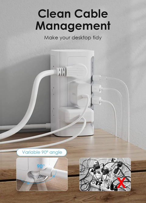 Must Have Boss Level Compact Power Tower Surge Protector with cables plugged in, demonstrating clean cable management.