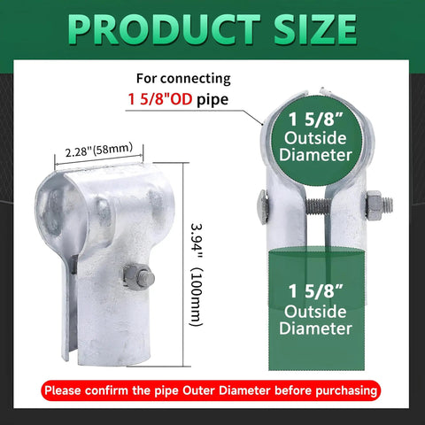 1-5/8 Inch T Clamp For Chain Link Fence End Rail, Galvanized Steel, Includes Bolts And Nuts, 2 Pack shown with dimensions