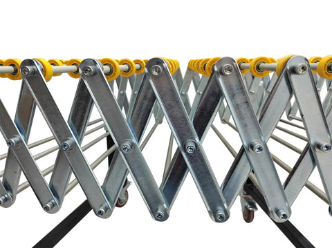 Expandable Roller Conveyor With Adjustable Length And Height For Industrial Use, steel frame closeup, showing cross-brace design