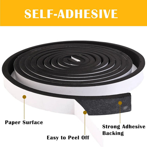 Rock Solid Heavy Duty Closed Cell Foam Weather Stripping For Doors And Windows Self Adhesive 1 4 Inch By 1 8 Inch Tape 3 Pack Set showing coiled black foam with adhesive backing.