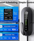 Road Trip Ready Portable Level 1 And 2 EV Charger With J1772 Connector And Nema 5-15 To 6-20 Plugs for Electric Vehicles showing LED display and adjustable settings.