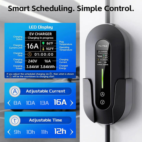 Road Trip Ready Portable Level 1 And 2 EV Charger With J1772 Connector And Nema 5-15 To 6-20 Plugs for Electric Vehicles showing LED display and adjustable settings.