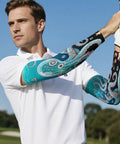 Premium Ice Silk Arm Sleeves Deliver Ultra Fly Compression Fit To Block Harsh Sunlight And Keep Your Forearms Cool And Sweat Free On Daily Chores With Upf50 Protection, worn by a man in golf attire outdoors.