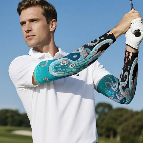Premium Ice Silk Arm Sleeves Deliver Ultra Fly Compression Fit To Block Harsh Sunlight And Keep Your Forearms Cool And Sweat Free On Daily Chores With Upf50 Protection, worn by a man in golf attire outdoors.