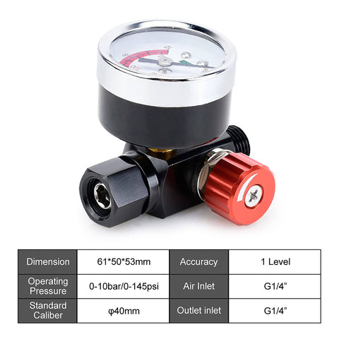 Air Regulator For Spray Guns And Pneumatic Tools With One Quarter Inch NPT Inlet And Swivel Outlet, Gauge and Specifications