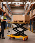 Hydraulic lift table cart with yellow platform and black scissor arms lifting a pallet; 330 lb capacity, 50" lift, four wheels.