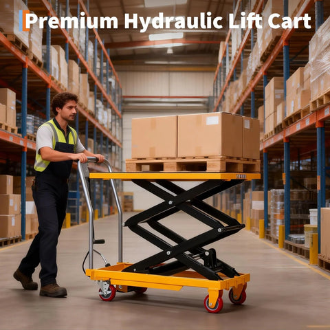 Hydraulic lift table cart with yellow platform and black scissor arms lifting a pallet; 330 lb capacity, 50" lift, four wheels.