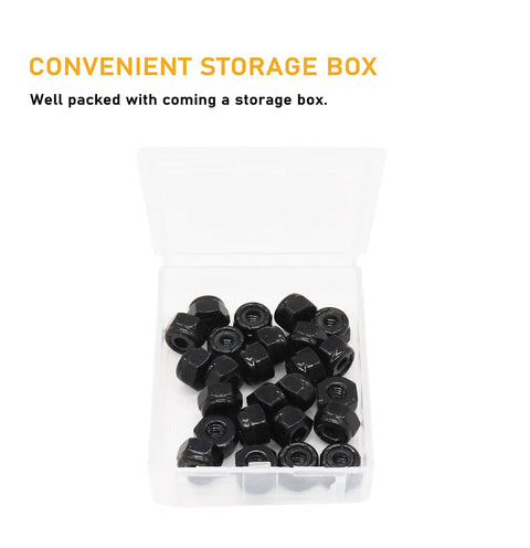 Top Shelf Black 4 40 Nylock Nuts One Hundred Piece Pack For Grease Monkey Repairs Featuring Coarse Thread Self Locking Grips Plus Sturdy Reservoir Bin in storage box.