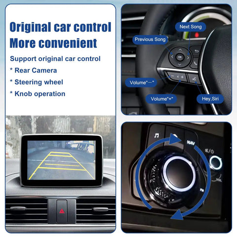 Mazda CarPlay And Android Auto Retrofit Kit Slick Plug And Play Upgrade For MZD Connect System showing steering wheel control and knob interface