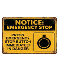 Emergency Stop Button Safety Sign Vintage Tin Wall Decor 8x12 Inch Yellow And Black Industrial Plaque For Workshop Garage Office Indoor Outdoor Hangable