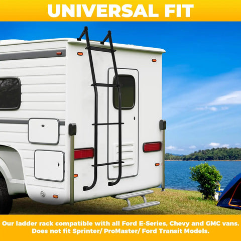 Universal Van Ladder 51 Inch Beefy Heavy Duty Aluminum Hook Over Ladder Rack For Ford E Series Chevy GMC Full Size Vans 1997 2024 Supports 300 Lb Capacity Rust Resistant And Easy Install on RV rear