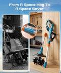 Cordless Tiller Cultivator For Gardening, 20V With Dual 4Ah Batteries, 9 Inch Tilling Width displayed in garage and compact storage.