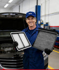 Mechanic holding Subaru 2 In 1 Engine And Cabin Air Filter Kit Replacement For Forester 2009 2018 Impreza 2008 2016 XV Crosstrek 2013 2015