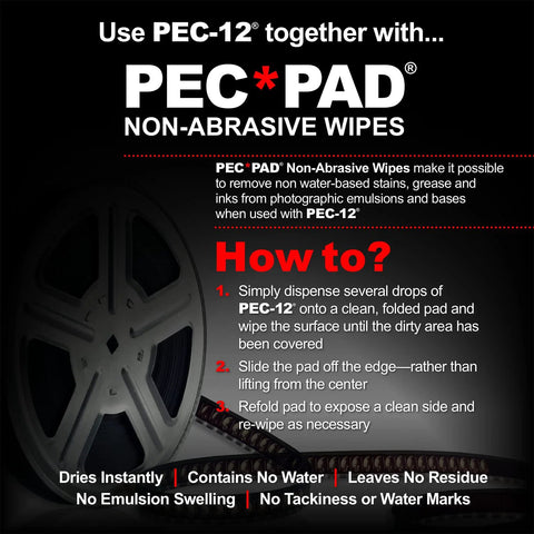 PEC-12 photographic emulsion cleaner kit with PEC-PAD non-abrasive wipes; front view featuring film reel graphic