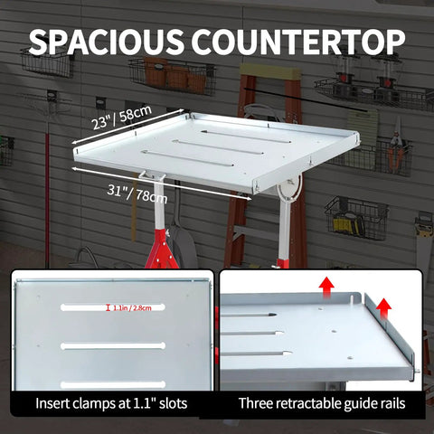 Heavy Duty Welding Table With 400 Lb Capacity, Folding Workbench 31x23 In top view showing slots and guide rails