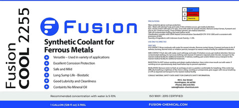 Label of 1-gallon Fusion Cool 2255 synthetic coolant for ferrous metals, highlighting features like corrosion protection and cleanliness.