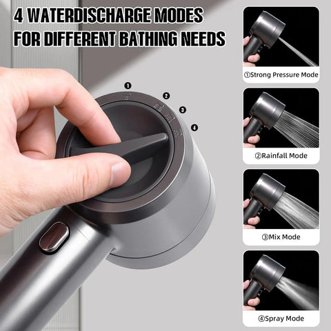 Adjustable dial on All In One High Pressure Shower System with 4 spray handheld head for different bathing modes.
